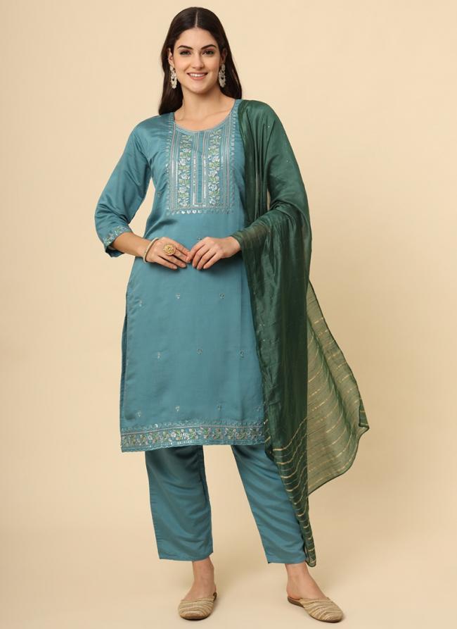 Silk Blend Sky Blue Casual Wear Embroidery Work Readymade Kurti Set